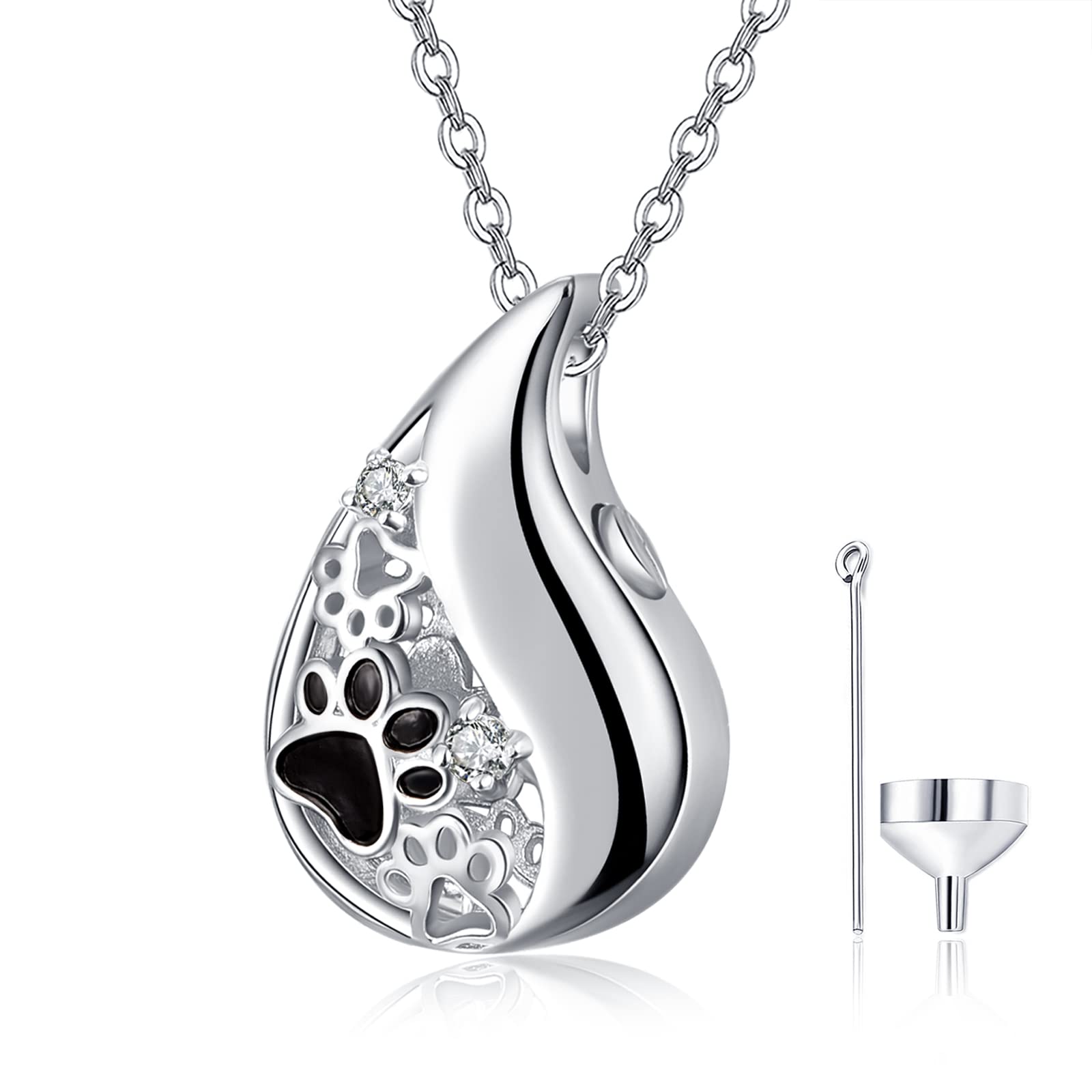 KINGWHYTE Paw Print Ashes Necklace 925 Sterling Silver Urn Necklace for Ashes Pet Keepsake Cremation Jewelry Memory with Funnel Filler Kit