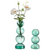 Glass Bubble Vases for Flowers, Hewory 2pcs Green Unique Cute Single Flower Vase for Centerpieces, Funky Aesthetic Vase Skinny Bud Vase, Cool Groovy Decor for Home Living Room Bedroom Office Tabletop