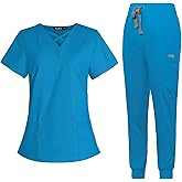 VIAOLI Scrubs for Women Set Modern V-Neck Top & 8 Pocket Jogger Pants Athletic Nursing Uniform Solid Stretch Workwear