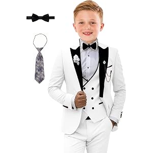 DHTS Boys Tuxedo Suit for Kids 5 Piece Formal Boy Suits Ring Bear Outfit | Peaked lapel blazer jacket, vest and pants, tie, b
