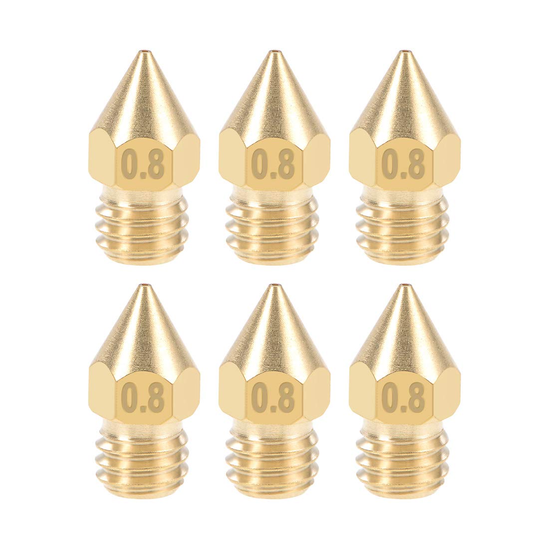 sourcing map 0.8mm 3D Printer Nozzle Head M6 Thread Replacement for MK8 1.75mm Extruder Print, Brass 6pcs