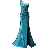 Zeeyecie One Shoulder Satin Prom Dresses Mermaid Lace Applique Beaded Evening Formal Ball Gowns with Slit