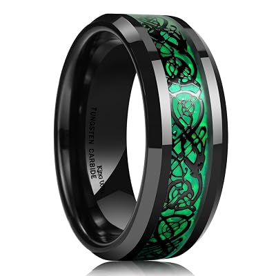 King Will Dragon Mens 5mm8mm Green Carbon Fiber Black Celtic Dragon Tungsten Carbide Ring