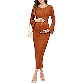 AISWI Maternity Dress Ribbed Knit Long Sleeve Round Neck Bodycon Mid Pregnancy Dresses Casual Baby Shower Bell Sleeve