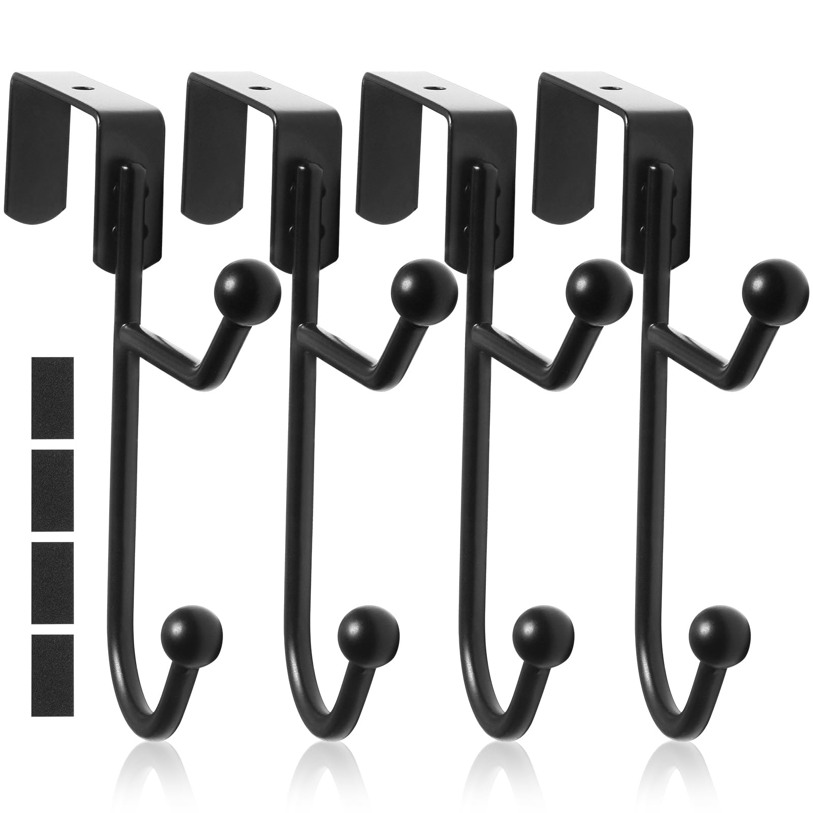 PEAKTOP 4PCS Over The Door Hooks Black, Overdoor Hook Hanger Double, Sturdy Metal Over Door Hangers with Two Hooks for Hanging Clothes Towel Hat Bag, for 1.5-1.85 Thick Doors