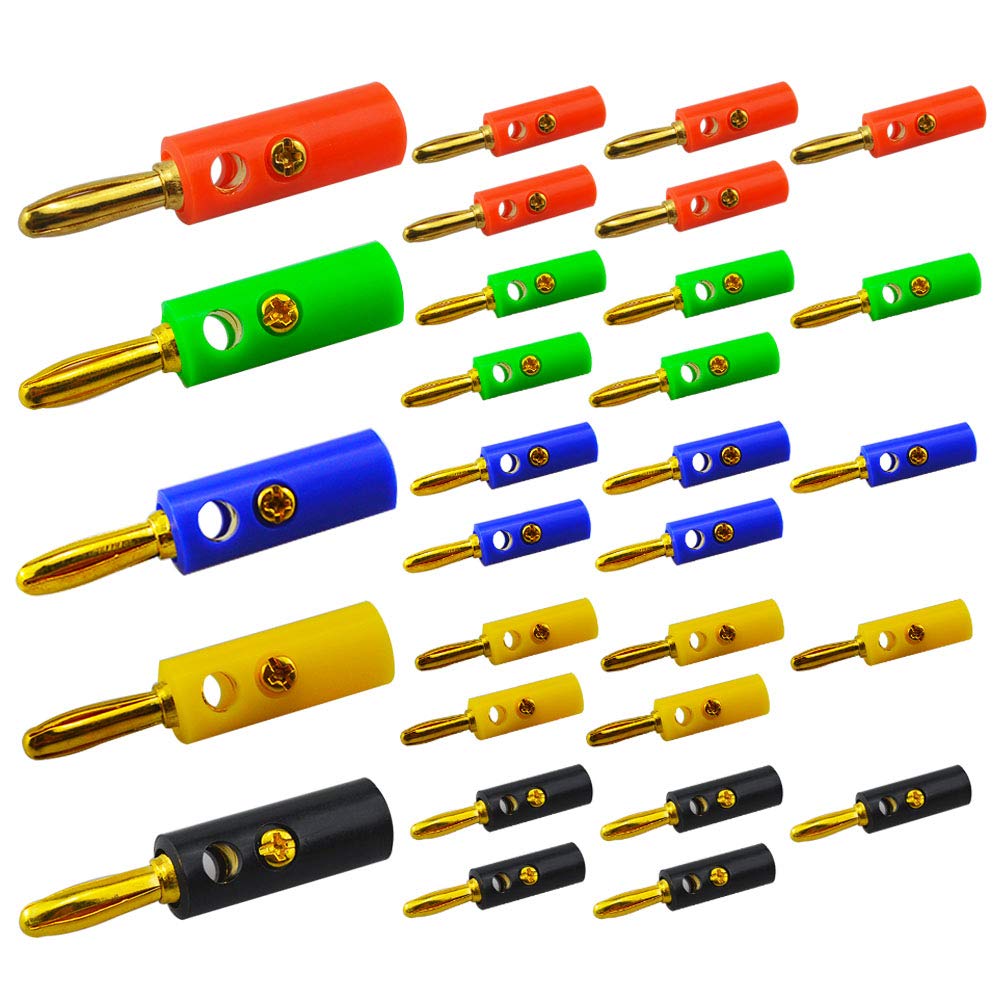 Senven 30Pcs profession 4mm Connector for Banana Speaker, Banana connector Gold plated, 4 mm Connector Audio Cable Speaker (type A) - 5 colors