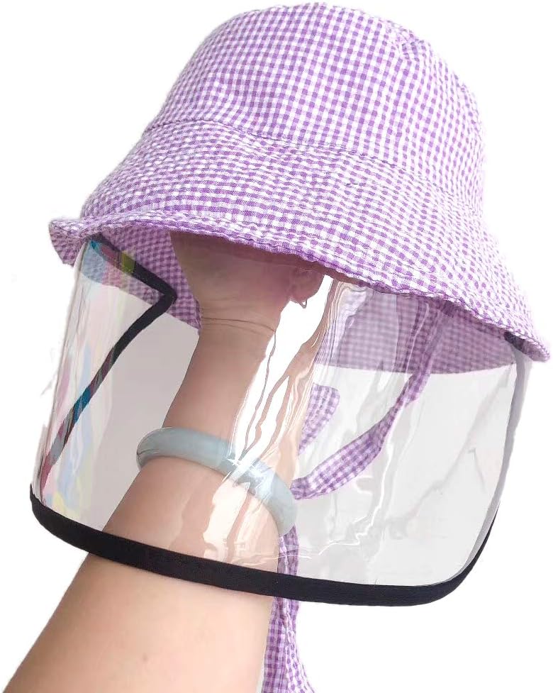 Kids Anti-Spitting Bucket Protective Hat Mask, Boys & Girls Face Shield Dustproof Anti-Saliva Cap - Lattice Purple