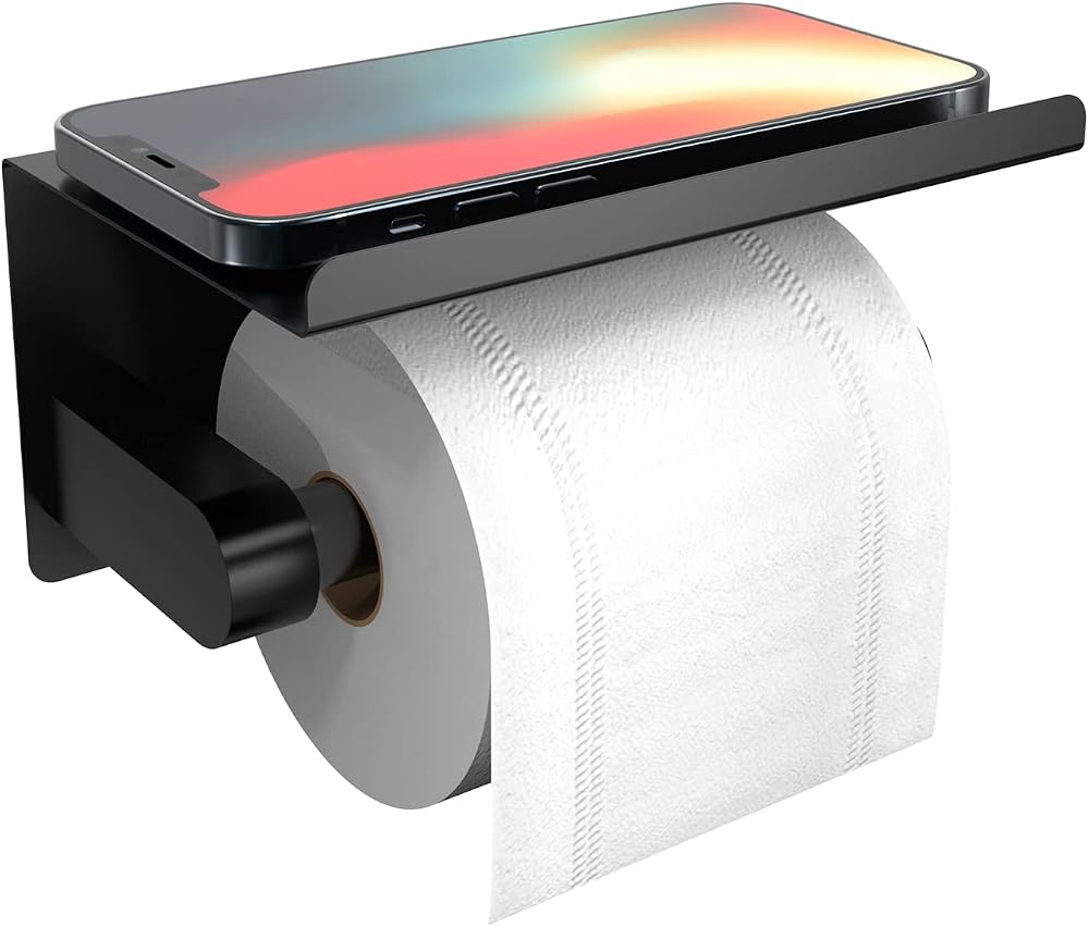 susswiff Self Adhesive Toilet Paper Holder with Phone Shelf Matte Black