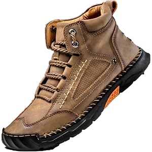Men's Leather Shoes for Hiking Working Waterproof Wide Toe Casual Footwear | PU Upper, Padded Collar, Decorative Side Panels,