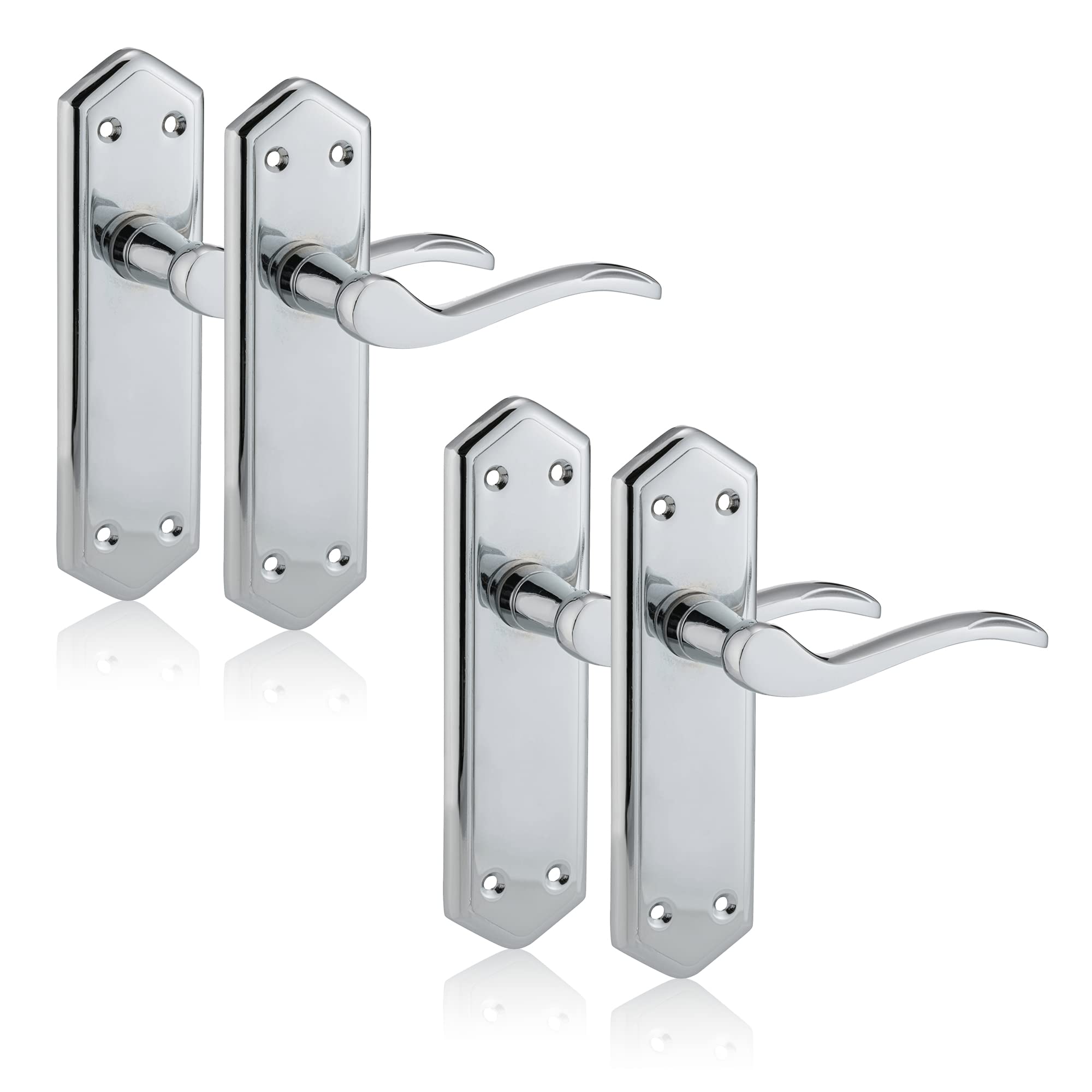 XFORT Chrome Elegance Range Polished Chrome London Suite Lever Latch Handles, Polished Chrome Long Backplate Door Handles, Contemporary Design for Internal Wooden Doors (2 Pairs) — image 1