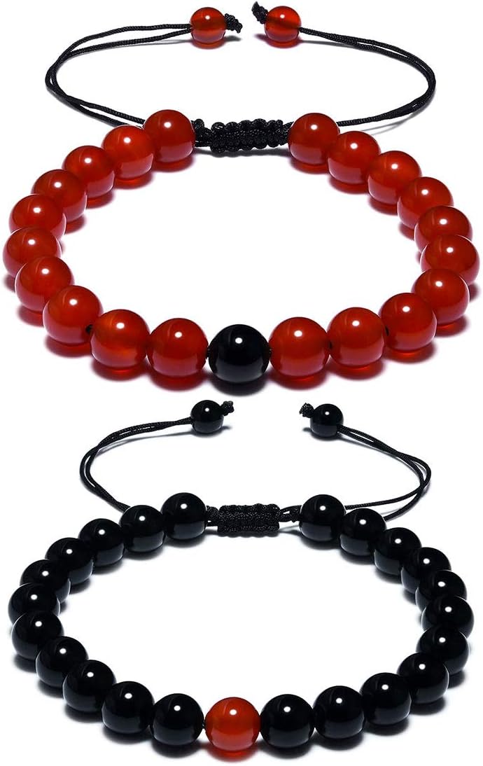 Matching Bracelets Long Distance Couple Bracelets His and Her Friendship 8mm Black Agate and Red Agate Healing Beads for Men Women
