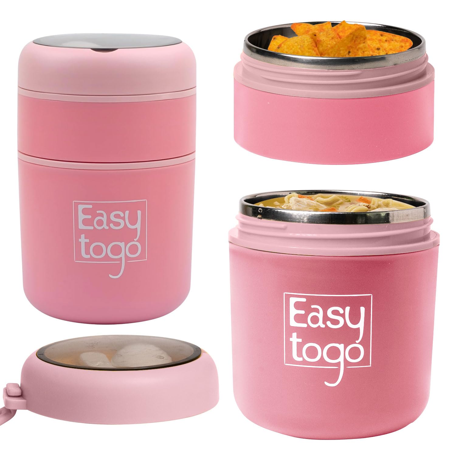Photo 1 of Easy Togo 700ml Stainless Steel Lunch Box with Spoon, Handle, Leak Proof Small Container for Snack, Diet & Prep Food, Stackable Stainless Steel 2 Tier Men's Lunchbox for Work, Pink Lunch Box