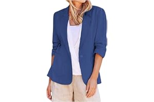Linen Blazer for Women 3/4 Sleeve Lapel Neck Jackets Tops Lightweight Comfort Pure Single Button Work Shirt Blazers