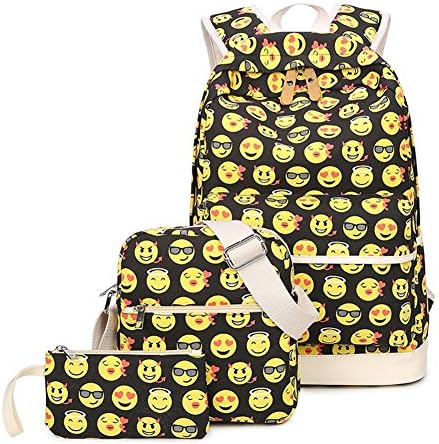 3 Pcs Kids' Backpack Set Cute Emoji Canvas Bookbag Satchel Backpack + Shoulder Bag + Purse