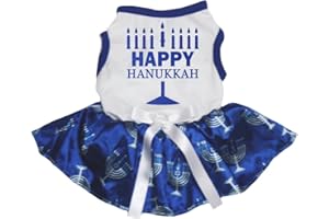 Petitebella Happy Hanukkah Puppy Dog Dress (White/Blue Candlestick, Medium)
