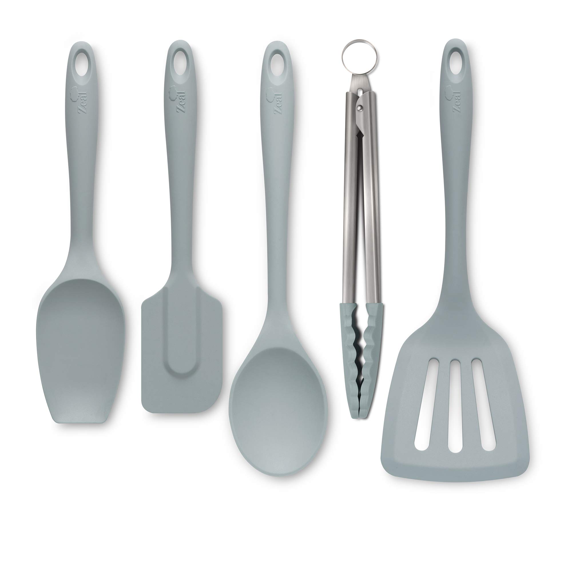 Zeal JSET45B Non-Stick Silicone Cooking Tongs, Turner, Spatula Spoon & Cook Spoon 5-Piece Set-Duck Egg Blue