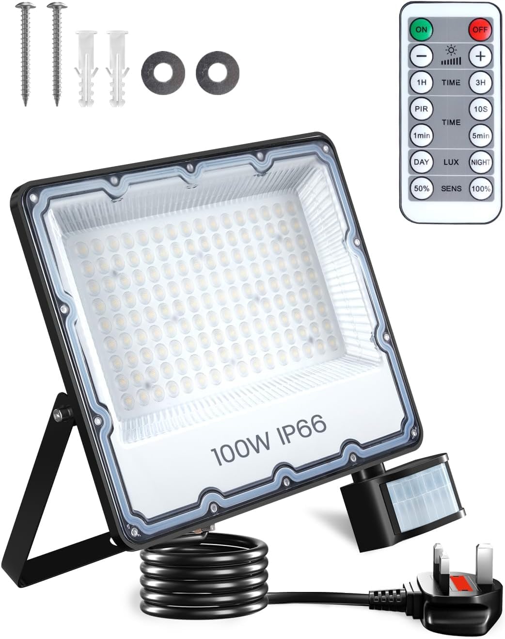 DoRight 100W Security Lights Outdoor Motion Sensor, 10000LM Super Bright IP66 Waterproof PIR LED Floodlight with Remote Control, 2M Wire UK Plug Security Lamp 6500K for Garden Yard Garage Doorway