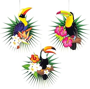 3Pcs Honeycomb Parrot Decorations Cooyeah Tropical Bird Toucan Paper Flower Garland Hanging Decor for Wall Ceiling Summer Luau Tiki Hawaiian Beach Pool Wedding Birthday Party Ornament