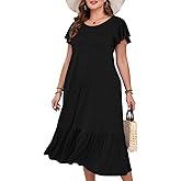 MONNURO Women Summer Causal Ruffle Short Sleeve T Shirt Maxi Beach Long Dress with Pockets