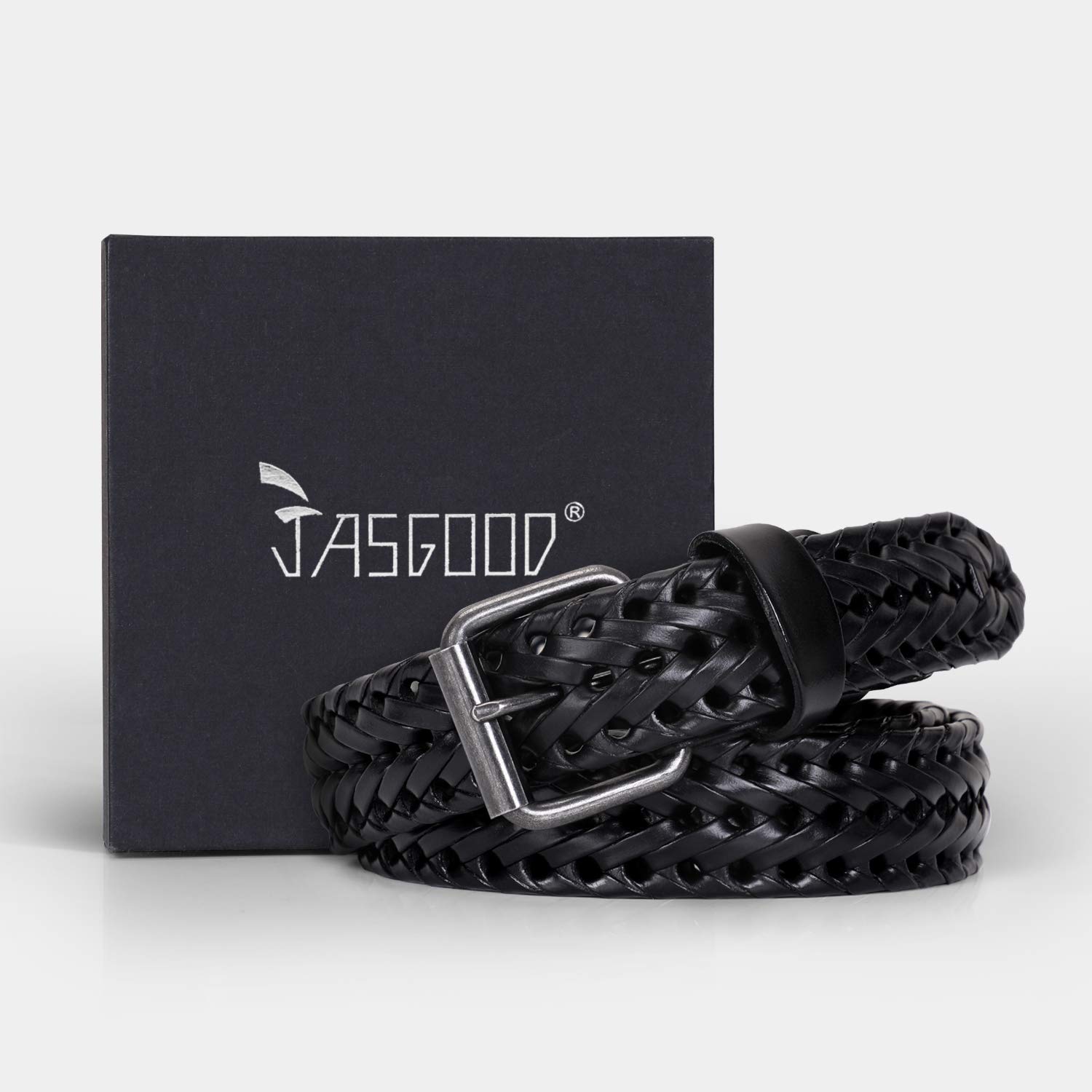 Men\'s Leather Braided Belt, JasGood Cowhide Leather Woven Belt for Jeans 1.3 Inch Wide with Prong Buckle,Fits Pants Size 33-38 Inches,1-Black