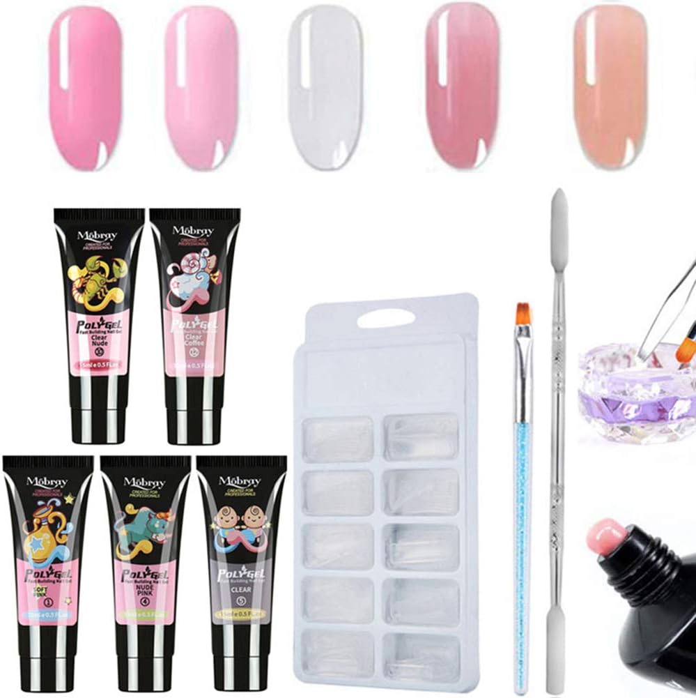 NovobeyPoly Nail Gel Kit, Includes 5 Colors Quick Drying Nail Builder Poly Nail Gel, Nail Brush, Model Nail Tips and Nail Scraper, Nail Manicure Kit for Nail Enhancement