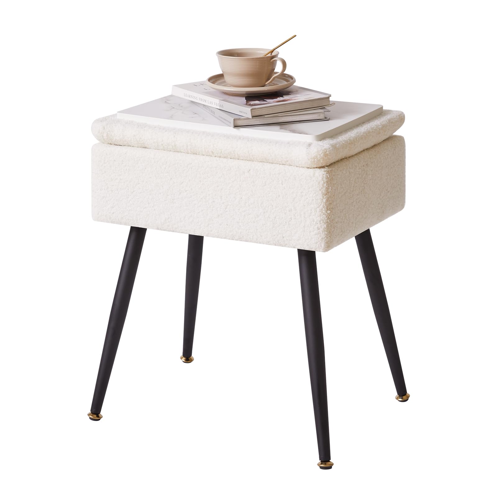 Aibiju Teddyfellimitat Hocker mit Stauraum, Rechteckiger Fußstützenstuhl Ottoman,Schminktischsitz, Kleiner Beistelltisch für Schminkzimmer, Schlafzimmer, Weiß YD-SMS137W 2