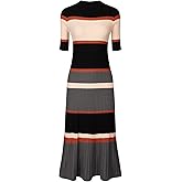 Hobemty Women's Knit Striped Dresses Short Sleeve Midi Ribbed Sweater Dress