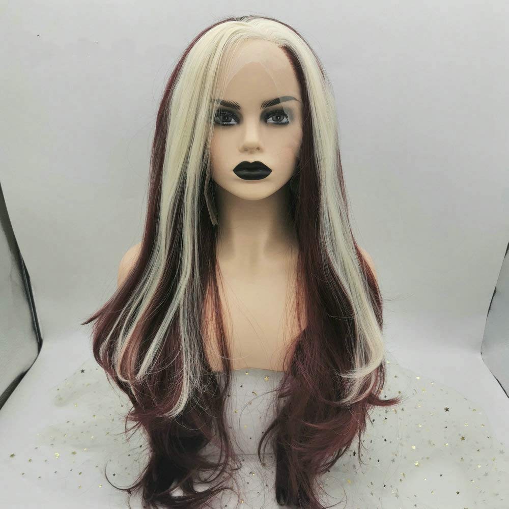 RainaHair 26inches Wine Red Lace Front Wigs with White Blonde Highlight Side Parting Long Wavy Natural Looking Synthetic Wigs for Women Christmas Party (Wine Red with White Blonde Highlight)