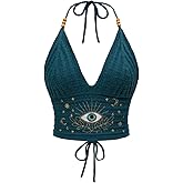 SHENHE Women's Crochet Halter Crop Top Lace Up Tie Backless Tropical Print Knitted Boho Tank