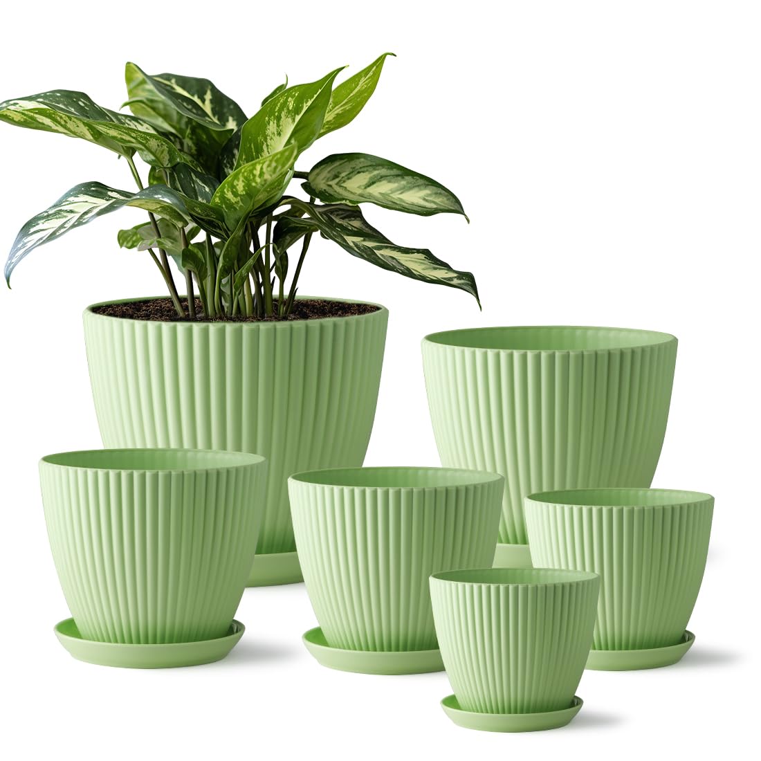 Photo 1 of RooTrimmer 7.5/6.5/5.5/4.9/4.2/3.5 Inch Plant Pots with Saucers & Drain Holes - Indoor/Outdoor Flower Pots for Succulents, Herbs, Cactus - Modern Lightweight Durable Planter Set, Green