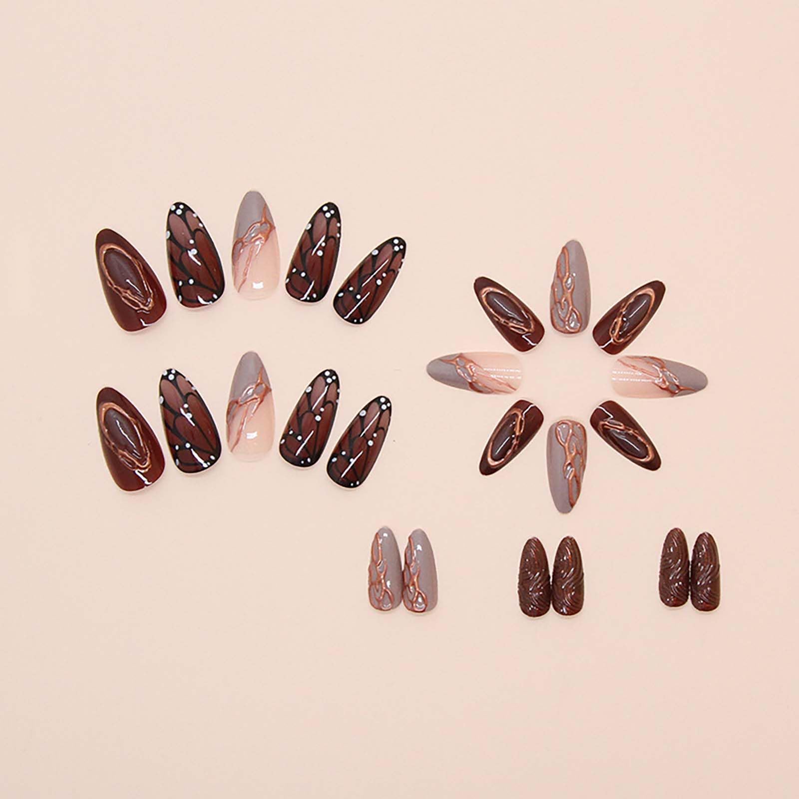 QQPPOLIU Buttterfly Press on Nails Medium Almond Fake Nails Brown Press on False Nails with Butterfly and Striped Design Fall Nails for Women 24pcs - Image 3