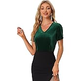 Allegra K Halloween Velvet Shirt for Women's Casual V Neck Short Sleeve Velvet Tops