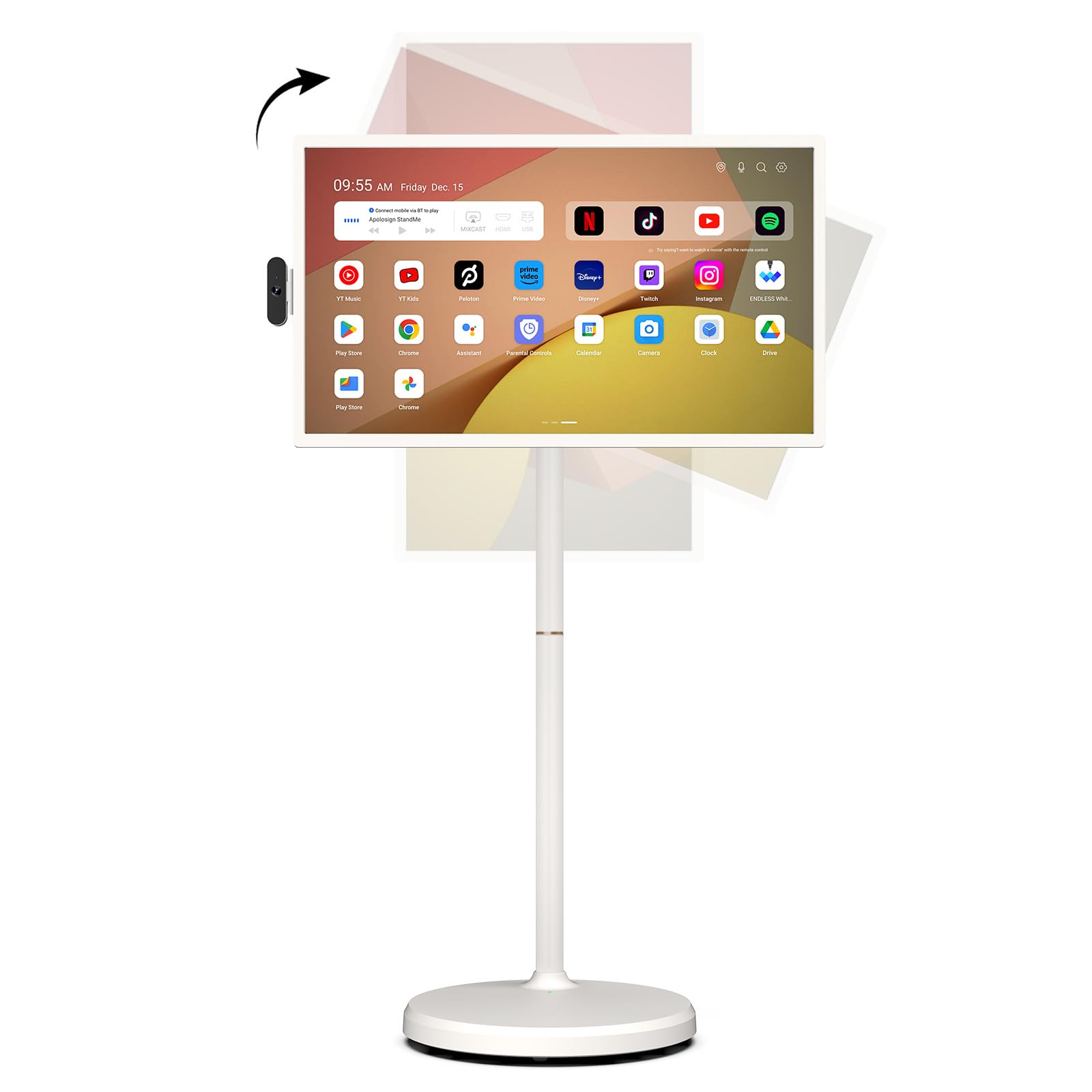 ApoloSign 32 Inch FHD Smart Portable TV 2nd Gen, 16(8+8) GB RAM+128GB, Android 15, EDLA-Certified, Rolling Tablet TV on Wheels, Built-in 15000mAh Battery, Full Swivel Rotation, Voice Remote Control