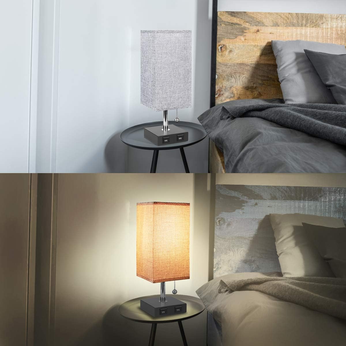 USB Table Lamp, Aooshine Bedside Table Lamps with 2 Useful USB Charging Ports, Solid Wood Nightstand Lamp with Grey Fabric Shade, Ambient Light Perfect for Bedroom, Living Room, Study Room (Pack of 2): Home Improvement