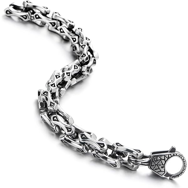 COOLSTEELANDBEYOND Men's Steel Tribal Tattoo ID Bracelet – Retro Curb Chain With Spring Clasp, Polished & Blackened Finish - View #5