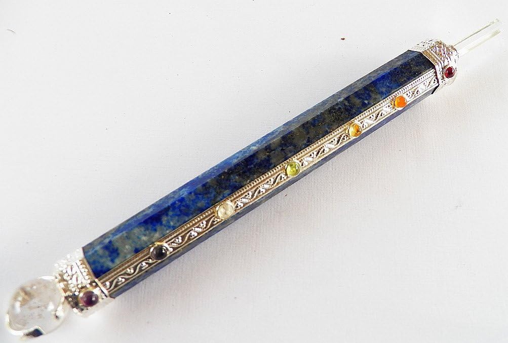Kala Emporium Large 5 - 7 Inches Lapis Lazuli Crystal 6 Sided Wand With 7 Chakra Stones and Quartz Crystal Point Chakra Reiki Wand