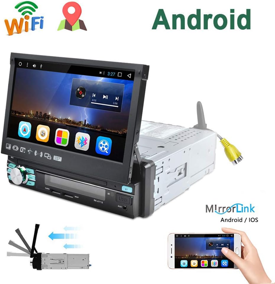 Camecho 1 Din Car Stereo Navigation 7.1 Inch Capacitive Retractable & Flip Out Touch Screen Support Bluetooth WiFi GPS iOS/Android Phone Mirror Link with USB/SD/AM/FM/RDS Radio + Remote Control