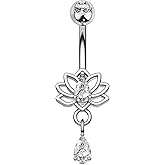 OUFER Hypoallergenic Dangle Belly Button Rings, 14g Surgical Steel Belly Rings for Women, Lotus Navel Rings, Dangle Navel Piercing Jewelry