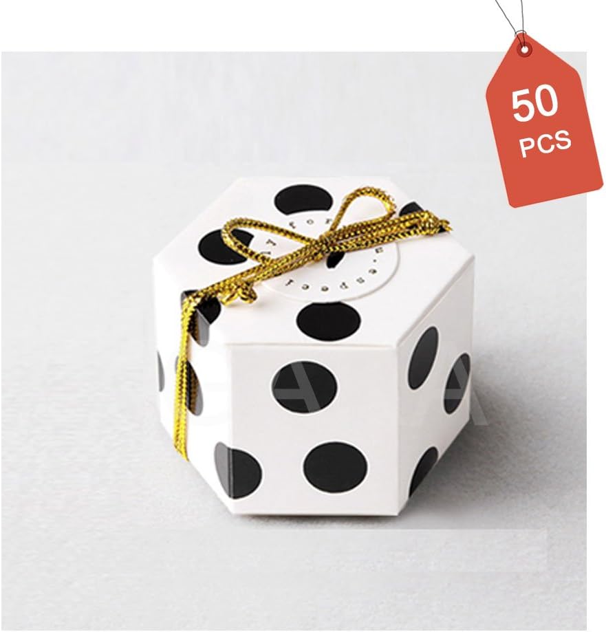 GAKA Black Polka Dot Candy Box with White Ribbon and Round Card, Hexagon Black Dots Style Design for Wedding Candy Box,Baby Shower Box,DIY Chocolate Cookies Case,Birthday Party Supplies Pack of 50