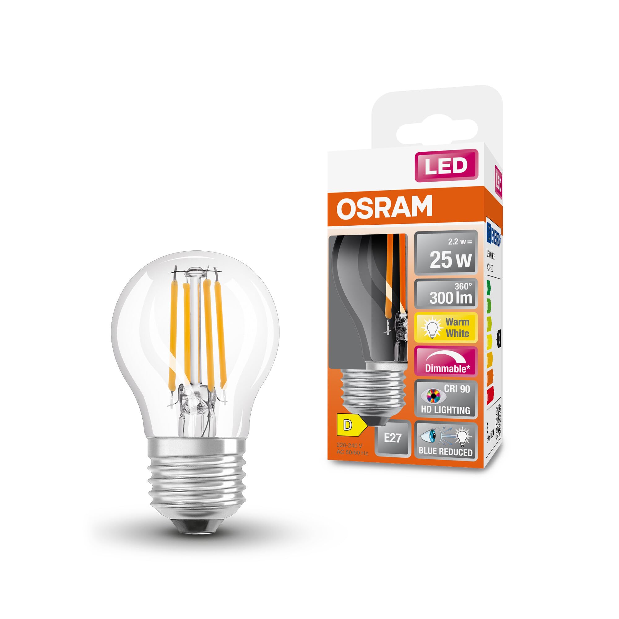 OSRAM Superstar+ Classic P Fil 25 Led Lamp, E27, Mini Ball Shape, 2.2W, 300Lm, 2700K, Warm White Light, Reduced Blue Component, Low Eye Strain, Dimmable, Low Energy Consumption