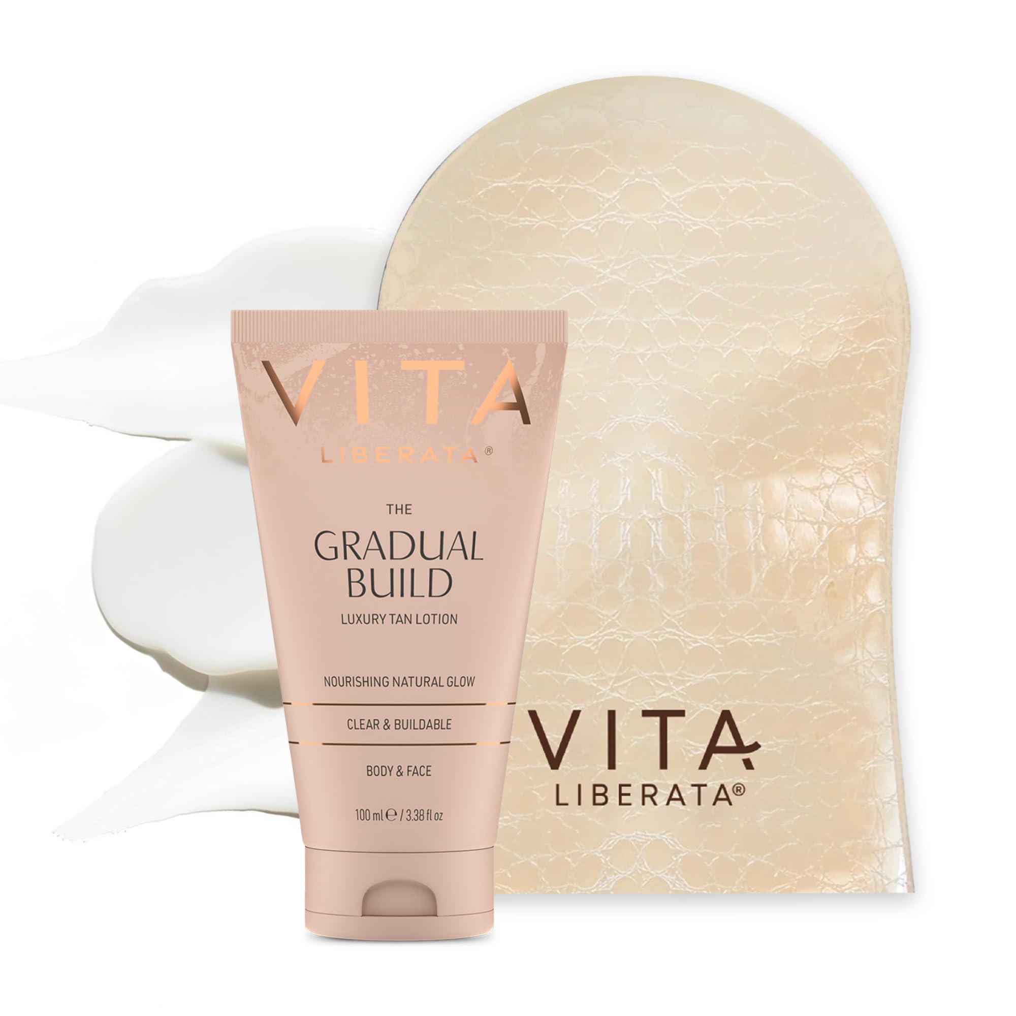 VITA LIBERATA, Fabulous Gradual Tanning Lotion 100ml & Dual Sided Self Tanner Mitt, Super Hydrating Hyaluronic Acid, Designed for Face & Body, Buildable Formula, Streak Free, Lasting Finish
