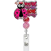 Funny Badge Reel, Cute Pink Ladybug Badge Acrylic Reels Retractable ID Name Card Badge Holder with Alligator Clip Valentines Holiday Gifts ID Accessories for Nurse Office Medical Worker Student