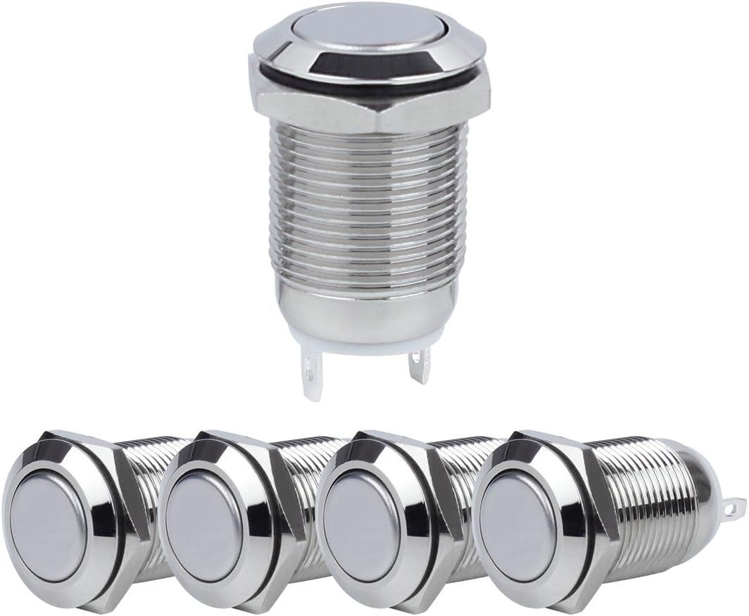 Larcele 12mm Mini Push Button Switch Waterproof Momentary Metal DIY Switch 5 Pieces JSANKG-01 (Flat Head)