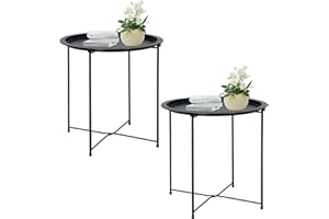 Garden 4 you End Table 2 PCS Metal Side Table Black Round Folding Tray Cyan Sofa Small Accent Fold-able Table, Round End Table Tray, Next to Sofa Table, Snack Table for Living Room and Bed Room