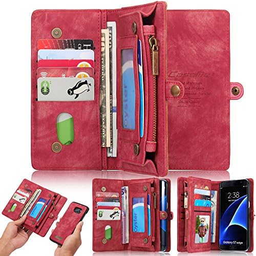 S7 Edge Case,Samsung Galaxy S7 Edge Case,WOOZU [CASE CUM PURSE Series][Card Slots][Zipper Cash Storage] Flip Folio PU Leather Wallet Case Cover With Detachable Magnetic Hard Case for S7 Edge (Red)