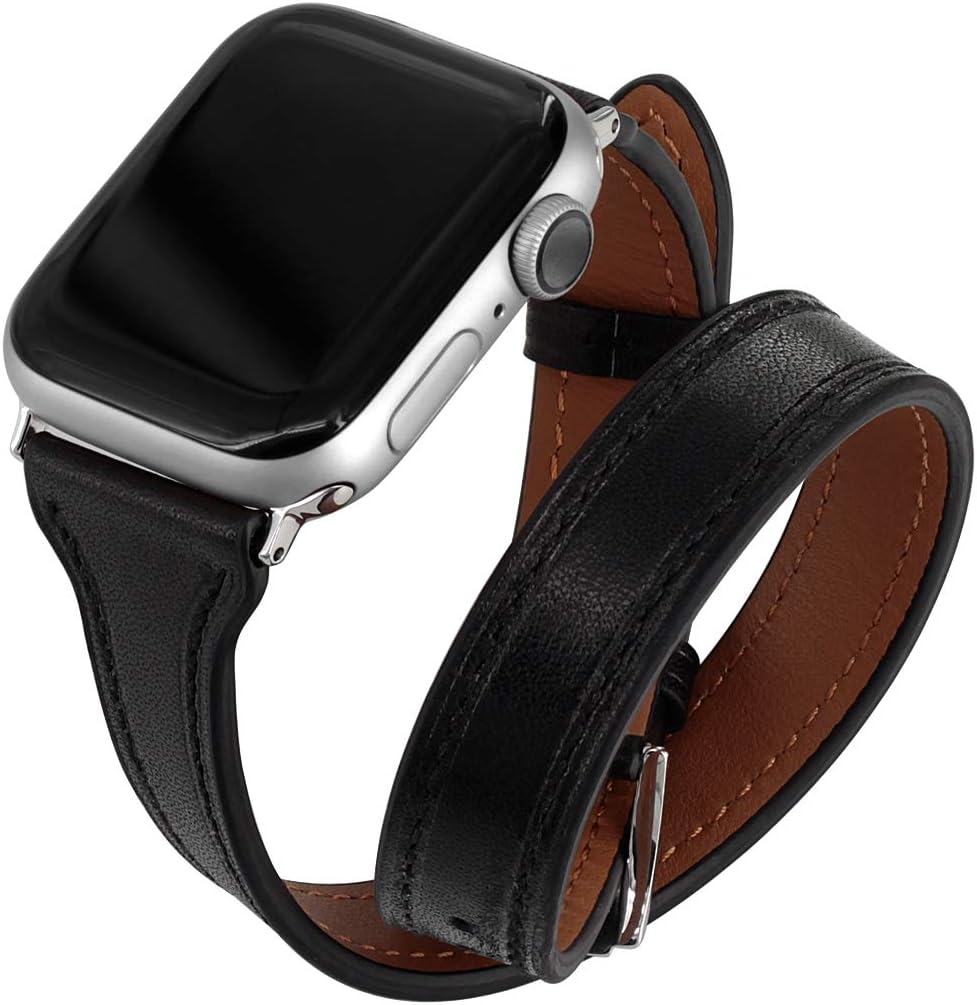 Falandi Compatible for Apple Watch Band 44mm Series 6/SE/5/4/3/2/1,Double Genuine Leather Wristband Tour Women Bracelet Smart Watch Replacement Bands Strap iWatch Accessories 42mm,(Black,44/42mm)