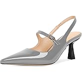 Soireelady Women's Slingback Pumps Pointed Toe Kitten Heels Buckle Strap Slip On Low Heels Wedding Dress Shoes 2.5 Inches Grey US Size 7