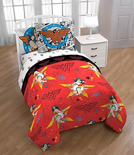 5 Piece Girls Orange Multi I Am Wonder Woman Theme Comforter with Sheets Twin Set, Beautiful Comics Movies Character Print, Animated Superheroes Pattern, Reversible Bedding, Bold Colors, Polyester