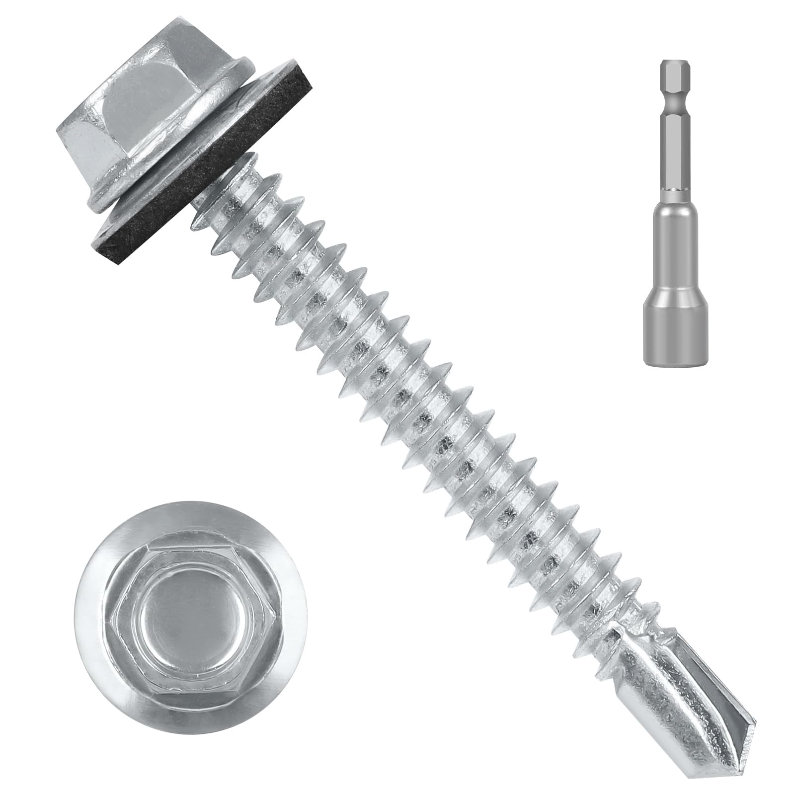 Photo 1 of #10 x 2 (200 PCS) Metal Roofing Screws with Rubber Washer, Hex Head Self Tapping Screws for Metal, Self Drilling Sheet Metal Screw, Hex Bit Socket Included