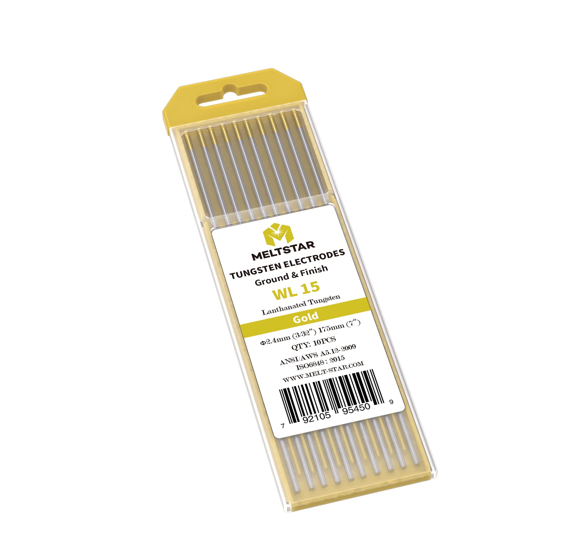 Meltstar TIG Welding Tungsten Electrodes 1.5% Lanthanated Tungsten 3/32” x 7” (Gold, WL15) 10-Pack